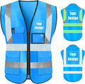 YOWESHOP High Visibility Safety Vest Custom Your Logo Protective Workwear 5 Pockets With Reflective Strips Outdoor Work Vest (2XL, Blue Luminous)