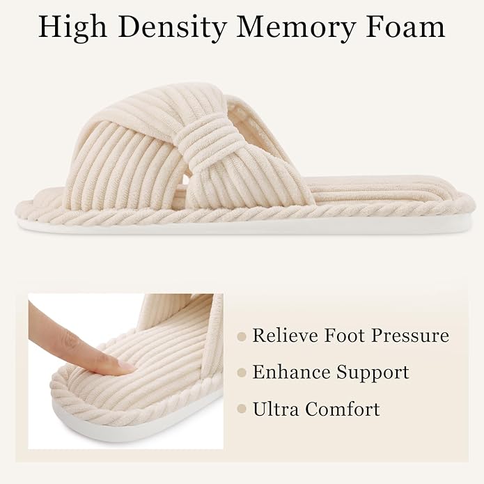 Evshine Fall House Slippers for Women Corduroy Cross Bow Indoor Slippers Open Toe Slip On Bedroom Shoes with Memory Foam