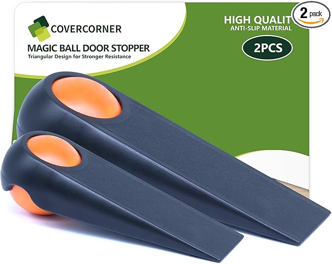 Door Stoppers for Bottom of Door, Rubber Door Stopper Wedges, Door Holders for All Types of Surfaces, 2 Pack Magic Ball Door Stops, Combo Pack, Black and Orange