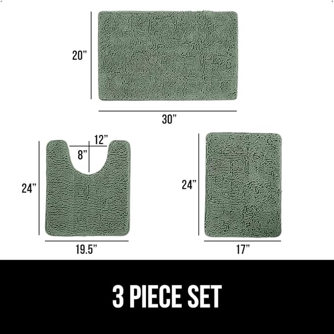 GORILLA GRIP Bathroom Rug Sets 3 Piece, Bath Mat Set and Oval Toilet Base with Rubber Backing, Plush Absorbent Shaggy Chenille Washable Mats, Includes 24x19.5, 24x17 and 30x20 Inch Rugs, Sage