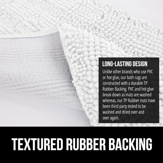 GORILLA GRIP Bath Rug Mat 48x24, Thick Soft Absorbent Chenille, Quick Dry Microfiber Mats, Rubber Backing Washable Shower Floor Rugs, Bathmat Runner, US Designed Bathroom Home Decor Accessories White