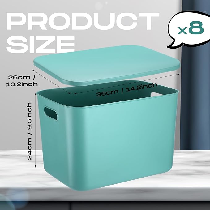 Hoolerry 8 Pieces Colorful Storage Bins with Lid, Plastic Storage Basket Organizing Container Stackable Box with Handle for Shelves Desktop Playroom Office(14.2 x 10.2 x 9.5 Inch,Green)