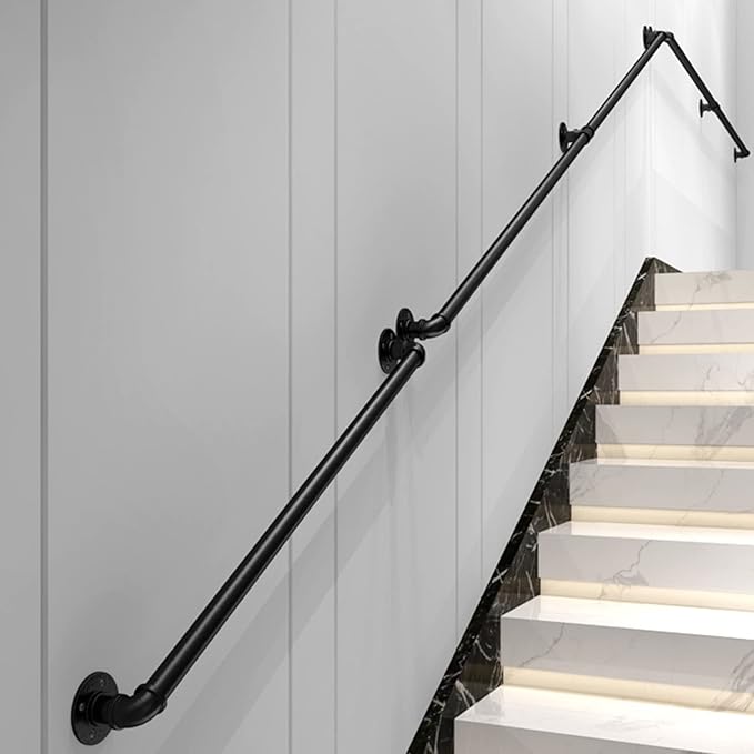 5FT Industrial Stair Railing Wall Mount Staircase Handrail φ1.3 Pipe Hand Rail for Steps Grab Bar Foot Rail Vintage Pipe Railing Black Deck Handrail for Outdoor Indoor Stairs Porch