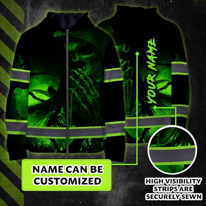 Maddly Hi Vis Reflective Zip Up Hoodie, High Visibility Safety Jacket with Skull Design for runner, worker, trucker, cyclist