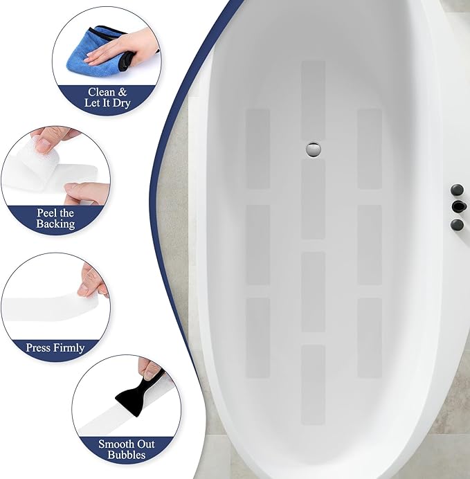 28 PCS Shower Floor Non Slip Stickers with Strong Adhesive, Invisible & Durable Anti Slip Shower Stickers with Scraper for Bath Tub, Pools and Stairs(Clear,Wide Rectangle)
