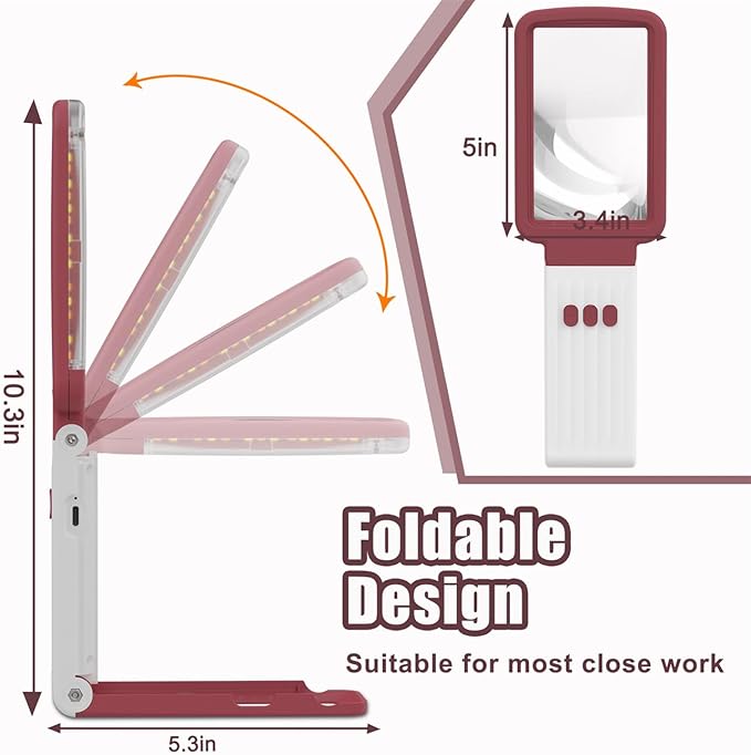10X Magnifying Glass with Light and Stand, Real Glass Lens, Rechargeable Foldable Handheld Magnifier, 3 Color Modes Dimmable Lighted Page Magnifier for Reading Fine Prints, Seniors - Red White