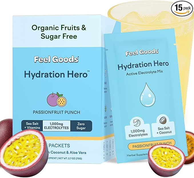 Feel Goods Hydration Hero, 1,000mg Electrolytes Powder, Sugar Free, Magnesium, Organic Aloe Vera, L Theanine, Vitamin C & B12, Keto, Vegan, Electrolyte Packets, Passion Fruit Punch, 15 Count