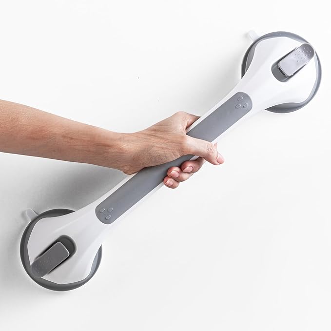 LEVERLOC Grab Bars for Bathtubs and Showers, Shower Handle 17 Inch Strong Suction Bath Handrails, Safety Grip for Bathroom Chair, Bathroom Grab Bar for Senior No Drilling Waterproof,Grey
