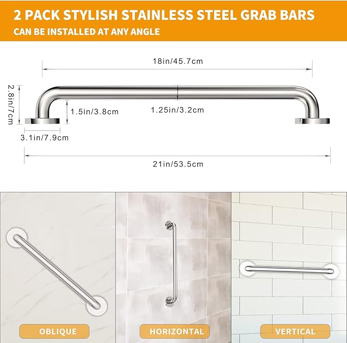 18 Inch Shower Grab Bar 2 Pack Brushed Nickel SUS304 Safety Bathroom Grab Bars with Concealed Screws, 500lbs Support Assist Bath Handle Balance Bar for Handicap Elderly Pregnant