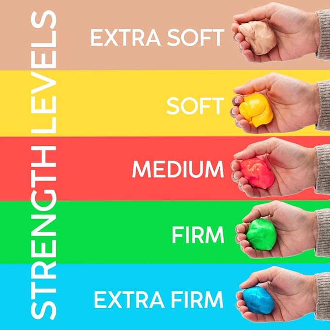 Therapy Putty 5 Strengths – Extra Soft, Soft, Medium, Firm, Extra Firm for Hand Rehabilitation & Strengthening – Non-Toxic, Colour-Coded Tubs, 57g