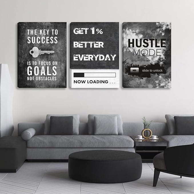 Large Black Inspirational Wall Art Motivational Wall Art 3 Pieces Canvas Wall Art Office Decor Hustle Quotes Poster Painting Print Artwork Framed for Bedroom Living Room Gym(72''Wx 36''H)