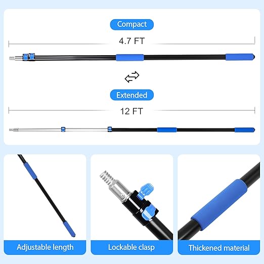 20 Foot High Ceiling Fan Duster with 5-12ft Extension Pole, Heavy Duty High Reach Duster Kit for Cleaning, Spider Web Brush, Washable Dust Brush for High Roof and Glass Surfaces