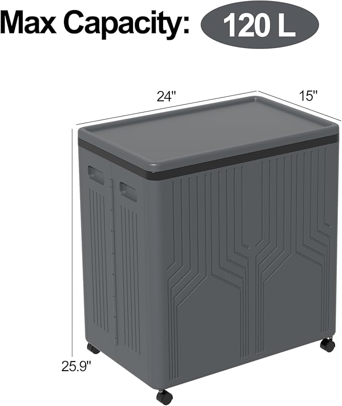 2 Section Collapsible Dirty Clothes Basket, 120 L Large Rolling Laundry Hamper with Lid, Plastic, Grey