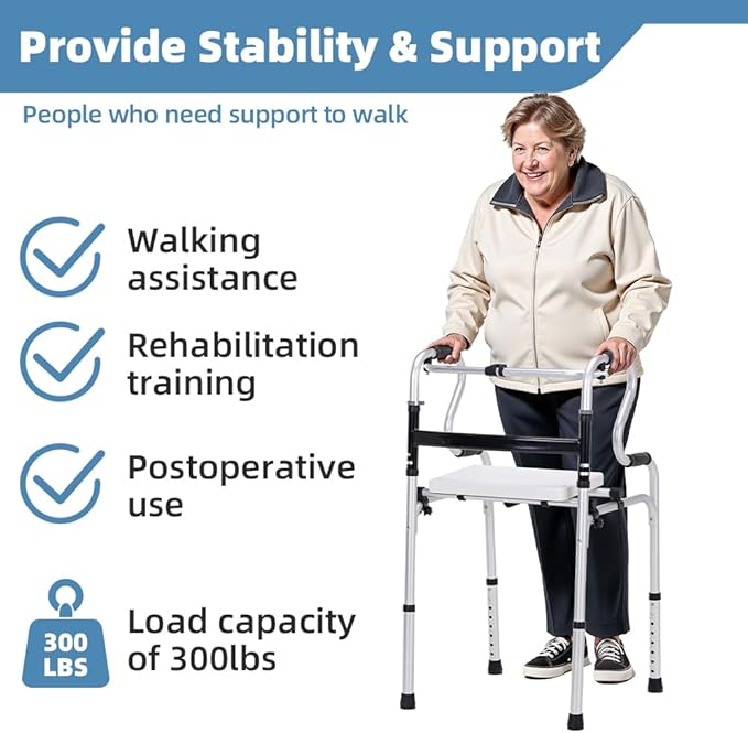 300LBS Lightweight Folding Walker with Seat,Storage Bag,Adjust Height (5'-6'5"), 2-in-1 Fixed/Cross Modes, Stable Aluminum Mobility Aid for Seniors, Post-Surgery Patients & Mobility-Impaired