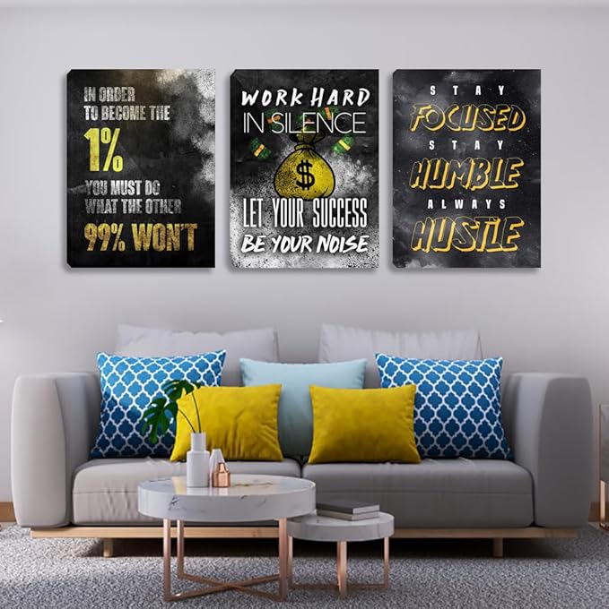 3 Piece Black Wall Art Modern Motivational Quotes Wall Art Canvas Art Inspiring Entrepreneur Hustle Poster Prints Wall Decor Office Wall Decorations Framed Posters for Office(36''Wx 16''H)