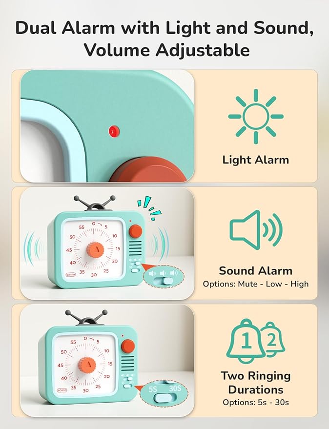 LIORQUE Visual Timer for Kids with Pause Function, 60-Minute Countdown Timers for Classroom Office Kitchen with Silent Operation, Kids Timer for Teaching