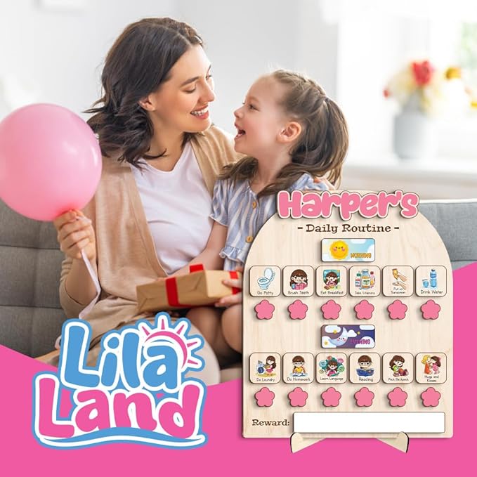 Personalized Wooden Chore Chart for Kids, Daily Routine Chart for Toddlers, Visual Schedule for Kids Age 3-5, Morning Bedtime Routine for Girls (02_1)