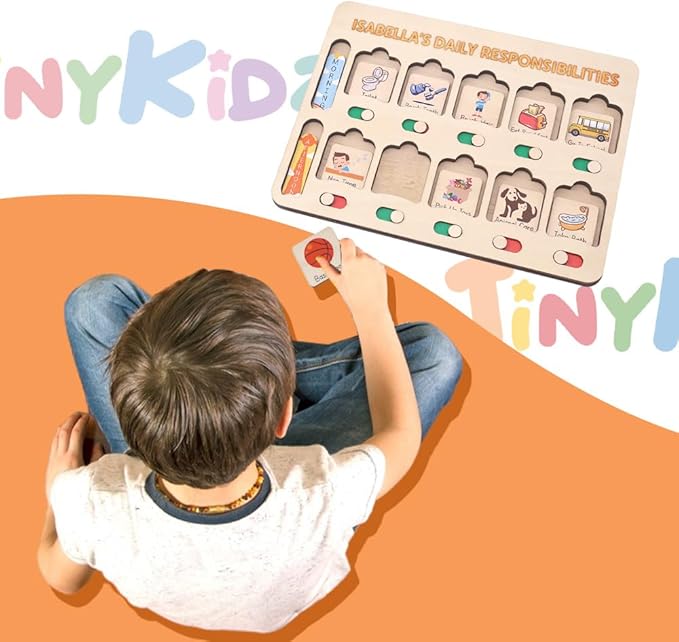 Wooden Chore Chart for Kids Visual Schedule, Routine Chart for Kids, Morning Bedtime Routine Chart for Toddlers Ages 2-4, Daily Kids Schedule Board for Home (05)