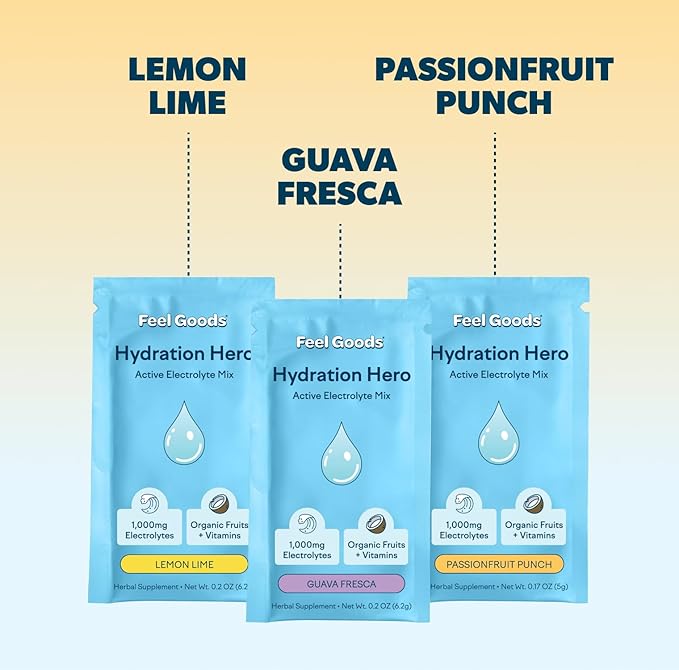 Feel Goods Hydration Hero, Variety Pack, 1,000mg Electrolytes Powder, Sugar Free, Magnesium, Organic Aloe Vera, L Theanine, Vitamin C, Vegan, Non GMO, On The Go Electrolyte Packets, 24 Count