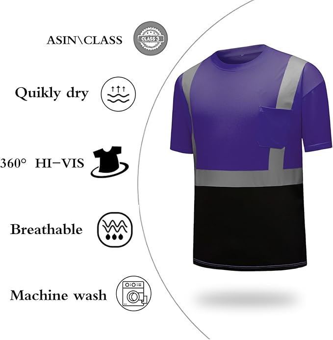 High Visibility Shirts Quick Dry Safety T Shirts with Reflective Strips and Pocket Short Sleeve Mesh Hi Vis Construction Work Class 2 Shirt for Men/Women Black Bottom Purple,6XL