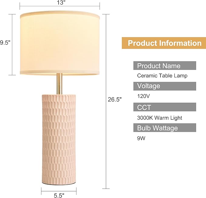26.5" Ceramic Table Lamp, Table Lamp for Living Room, Pink Lamp for Bedroom, Night Stand Lamps, Modern Bedside Lamp Set of 2, End Table Lamps, Pink