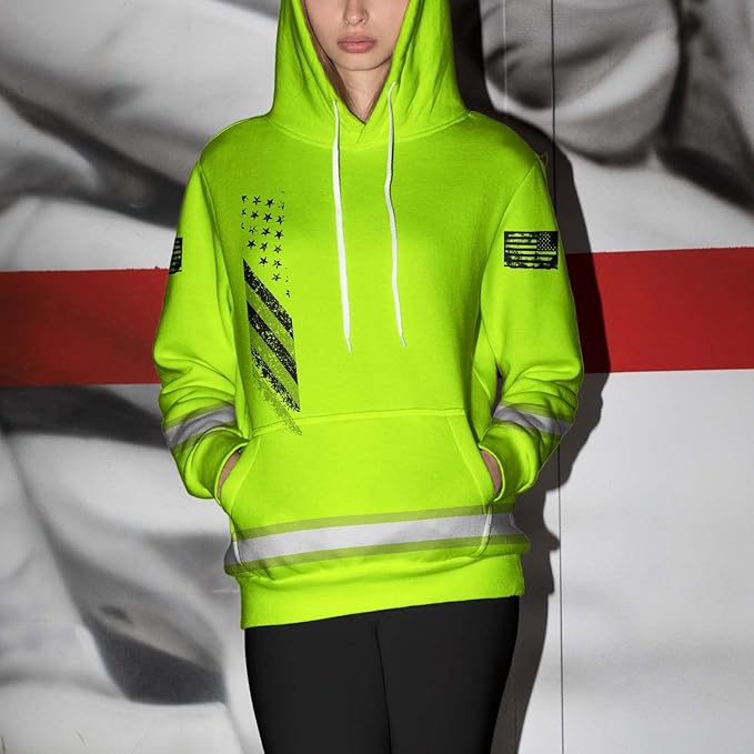 US Flag High Visibility Hoodie for Men Reflective Hoodie Safety Workwear for Worker Runner Patriotic ACC02