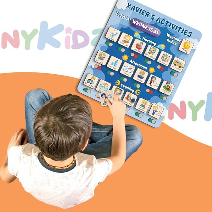 Personalized Wooden Daily Routine Chart 12x14", Visual Schedule, Daily Responsibilities for Kids, Morning Bedtime Routine Chart for Toddlers (11)