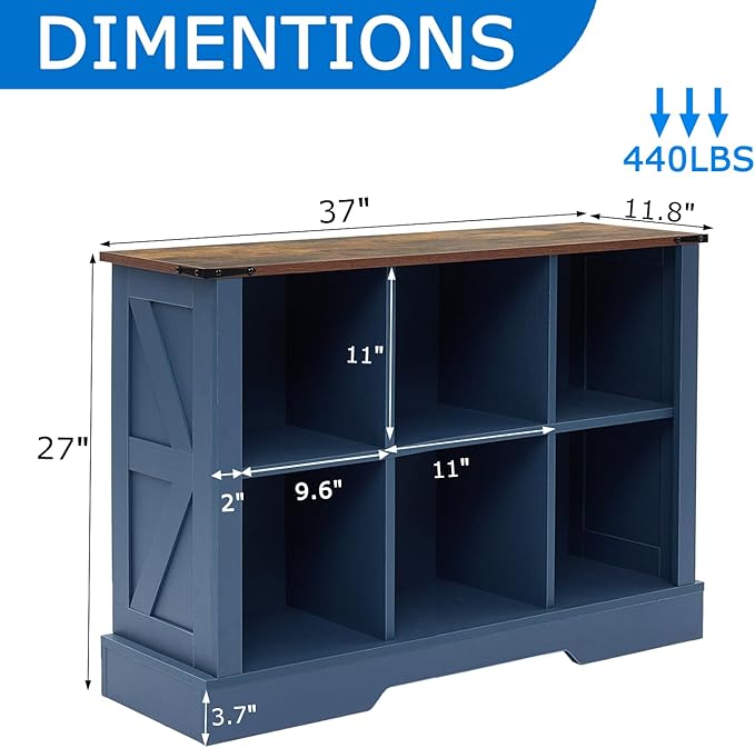 6 Cube Bookcase, Wooden Cube Storage Organizer Shelf, Blue Horizontal Book Shelf with LED Lights, Freestanding Display Cabinet for Living Room, Hallway TV Stand for Entryway