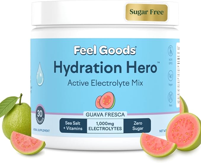 Feel Goods Hydration Hero, 1,000mg Electrolytes Powder, Sugar Free, Magnesium, Organic Aloe Vera, Organic Aloe, L Theanine, Vitamin C & B12, Non GMO, Keto, Vegan | Guava Fresca, 30 Servings