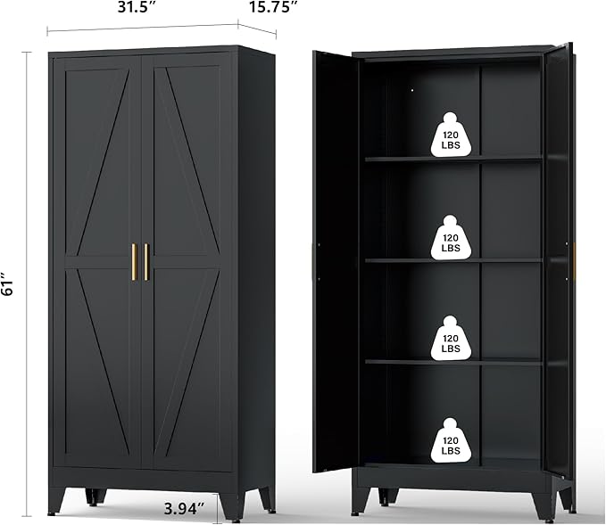 61" Black Metal Storage Cabinet, Farmhouse Pantry Cabinet with 2 Vintage Barn Doors and 3 Adjustable Shelves, Rustic Freestanding Cupboard for Kitchen,Home Office Living Room,Dining Room