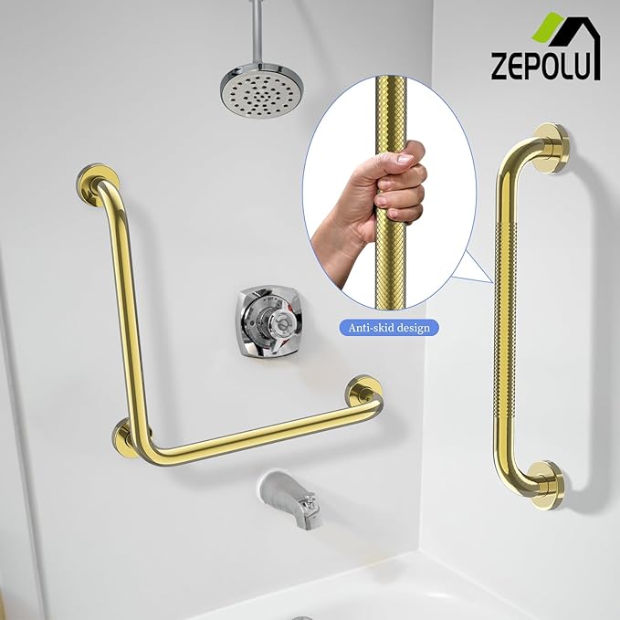 Polished Gold L-Shaped Grab Bar 16x16 Inch + Knurled Shower Grab Rail 20 Inch, Zepolu Stainless Steel Angled Toilet Safety Bar, Bathroom Mobility Aid Handrail, Balance Support Assist Bar for Senior