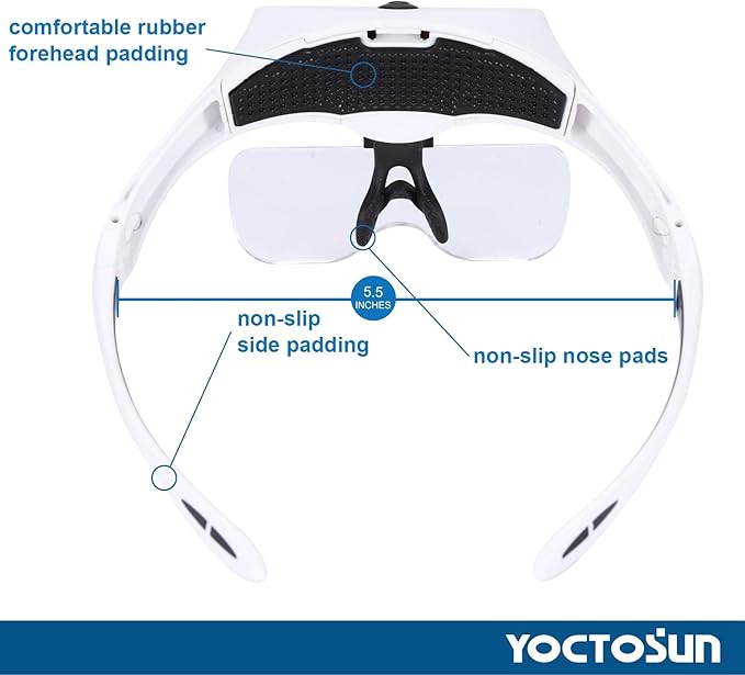 YOCTOSUN Magnifying Glasses with 4 LED Lights, Headband Magnifier with 5 Detachable Lenses 1X, 1.5X, 2X, 2.5X 3.5X -Rechargeable Hands Free Lighted Head Magnifier Glass for Crafts, Cross Stitch, Hobby