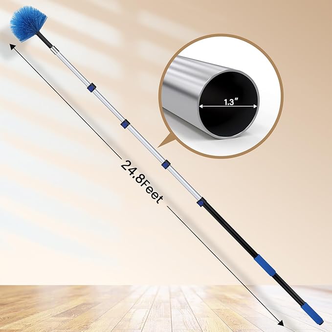 30ft High Ceiling Duster Kits with 5-24ft Heavy Duty Extension Pole - Fan Blade Cleaner, Cobweb Remover & Blue Window Squeegee Kit, Washable Dust Brush for High Roof and Glass Surfaces