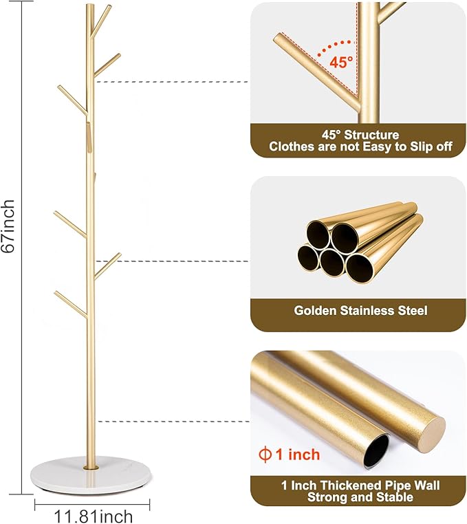 ZOZOE Metal Coat Rack Freestanding, Golden Coat Racks with Heavy Duty Natural Marble Base, Modern Stable Coat Tree Stand with 8 Hooks, Coat Tree Hanger Stand for Bags, Hats, Entryway, Office
