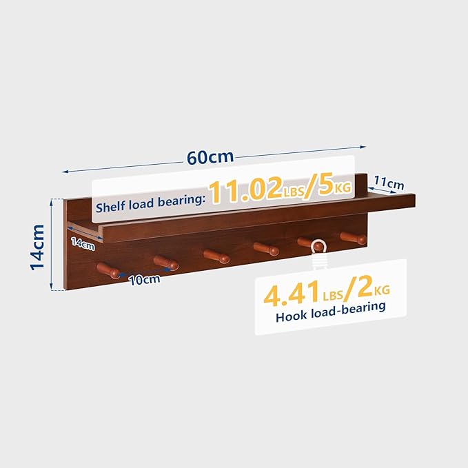 Coat Hook Wall Mount with Shelf, 23.62in Wood Wall Hooks with Storage, for Entryway, Bathroom, Kitchen, Walnut Color YD-WS0260H