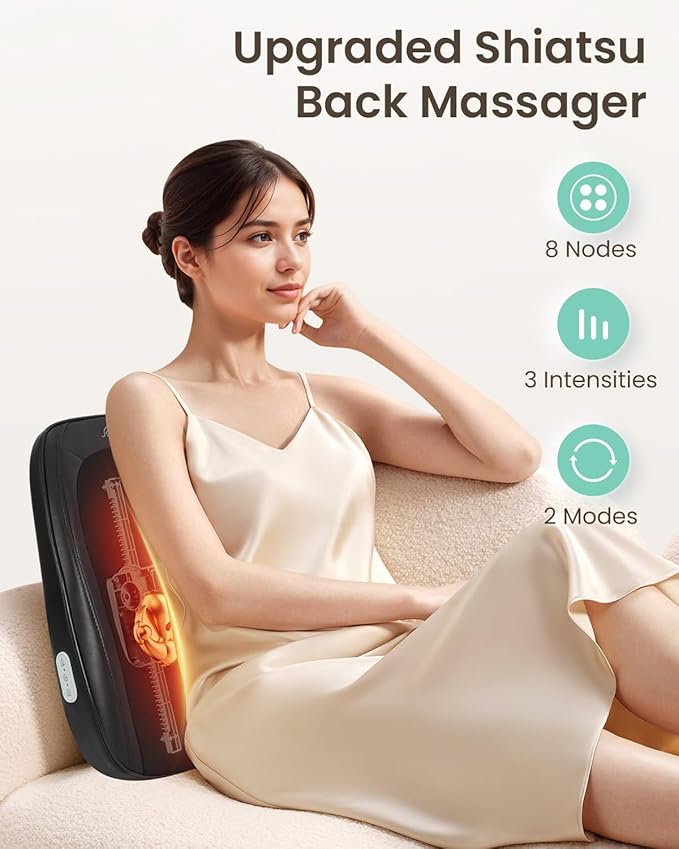 Shiatsu Back Massager with Heat, Kneading Back Massager for Back Pain Deep Tissue, Chair Massage Seat Cushion, 4D Roller Travel Up & Down Massage for Full Back,Office Car,Home use, Gifts/Presents