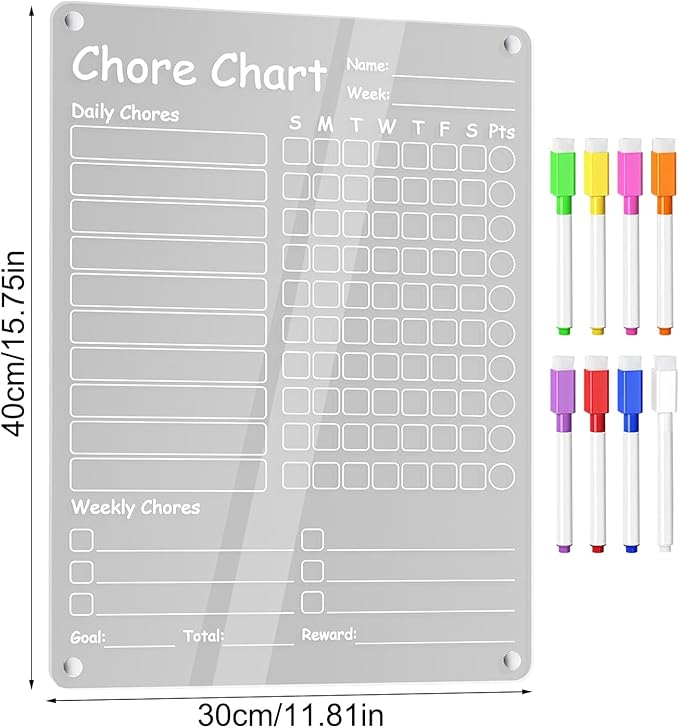 Chore Chart, Clear Dry Erase Board, Magnetic Erasable Planner, 11.97x8.98 Inches, Reusable Organizer for Kids Children Teens Adults Family Home Daily Tasks and Weekly Routine Use