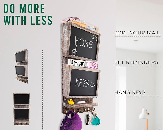 Rustic 2-Slot Mail Sorter Organizer for Wall with Chalkboard Surface & 3 Double Key Hooks - Wooden Wall Mount Mail Holder Organizer – Wall Décor for Entryway made of Paulownia Wood - Rustic White