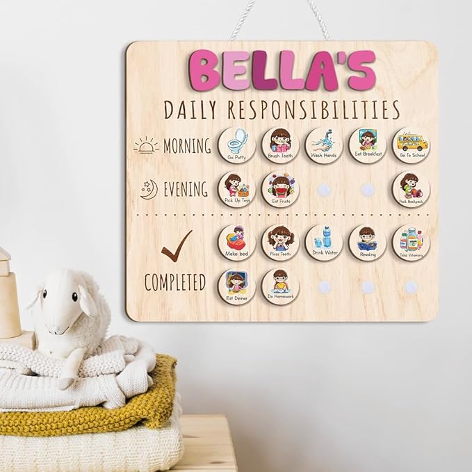 Wooden Chore Chart for Kids Visual Schedule, Routine Chart for Kids, Morning Bedtime Routine Chart for Toddlers Ages 2-4, Daily Kids Schedule Board for Home (16)