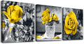 Canvas Wall Art - Bedroom, Kitchen, Living Room, Girls Room Decor - Black And White Wall Pictures - Yellow Rose Flowers - 3 Piece Set