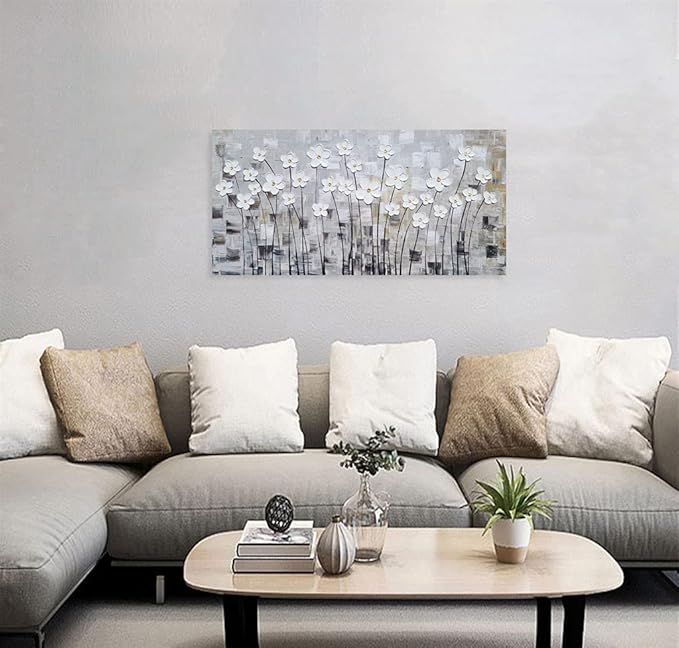YHSKY ARTS Flower Picture Wall Decor with Heavy Textured Modern Grey and White 3D Paintings Contemporary Aesthetic Artwork for Living Room Bedroom Bathroom Decor