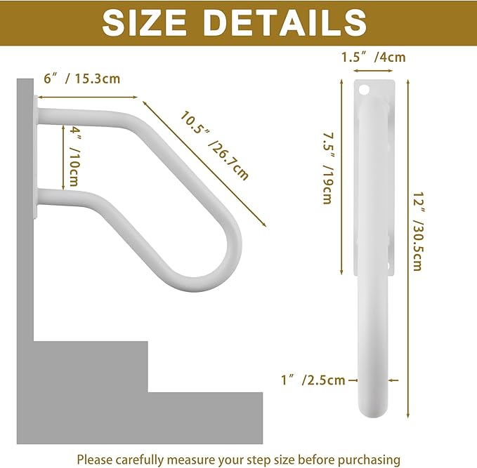 Hand Rails for Indoor Outdoor Steps, Wall Mount Non-Slip U-Shape Stair Railing, Black, 1 Pack (White, 1 Pack 16")