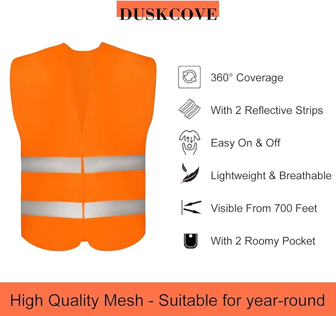 DUSKCOVE 20 Pack High Visibility Safety Vests with 2 Hi Vis Reflective Strips for Men and Women - Neon Orange Construction Vests for Traffic Work, Running, Surveyor and Security Guard