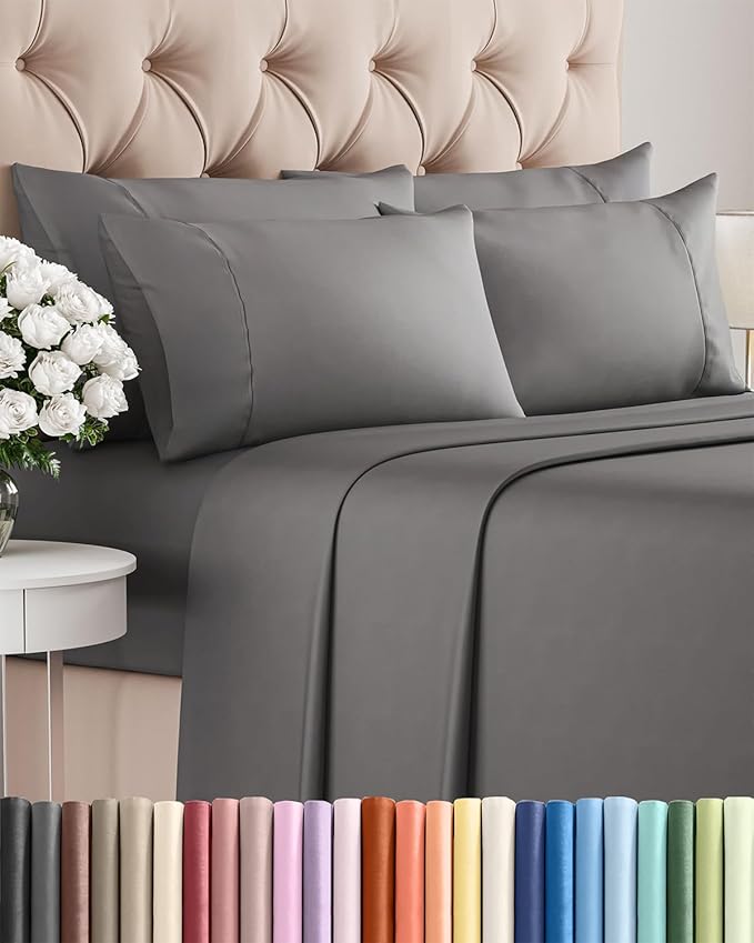 Queen 6 Piece Sheet Set - Cooling & Breathable Bed Sheets - Hotel Luxury Bed Sheets for Women, Men, Kids & Teens - Bedding with Deep Pockets & Easy Fit - Soft and Wrinkle Free - Queen Dark Grey Sheets