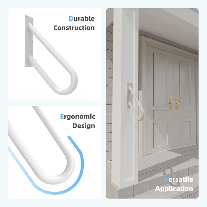 2 Pack Handrails for Outdoor Steps Wall Mount, Railings for 1-2 Steps, U-Shaped Handrail with Powder Coated Finished, Stair Handrails for Garage, Porch, Yard and Garden (18" Length, White)
