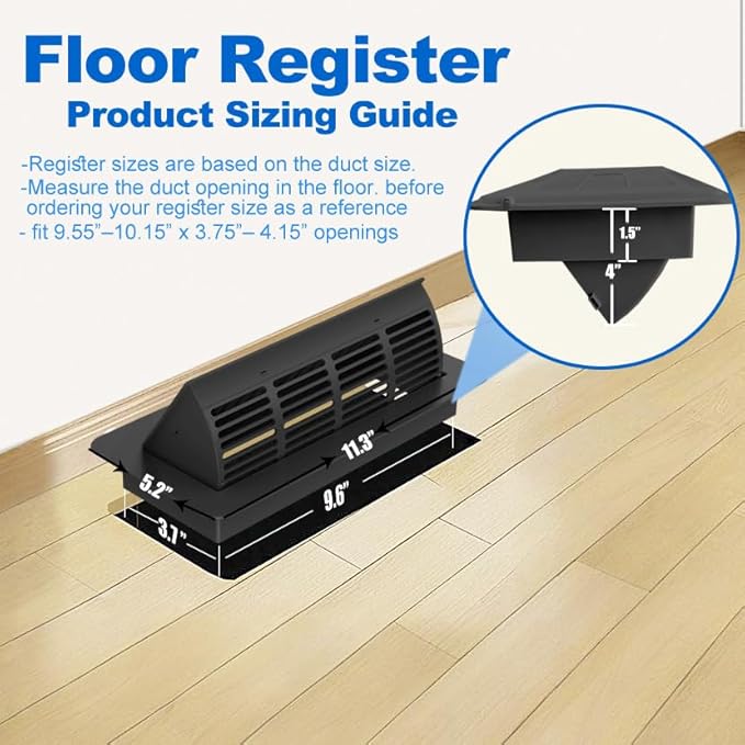 2-in-1 Vent Deflector & Floor Vent Cover, 2 Pack | Tool-Free Install, Adjustable 4x10 Floor Register for Home, Office & Ceiling | Rustproof ABS, Energy-Saving Airflow Control (Black)