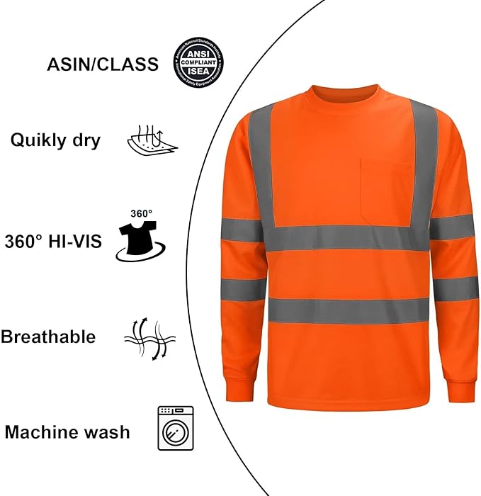 High Visibility Class 3 T Shirts，Hi Vis Safety Shirts with Reflective Strips and Pocket, Long Sleeve Quick Dry Mesh Construction Work Shirt for Men/Women Orange,Large