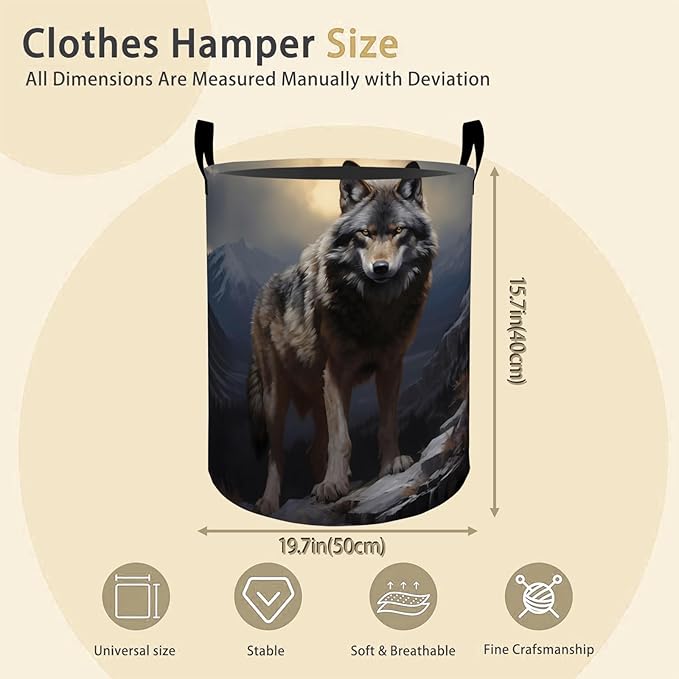 Wild Wolf Laundry Basket Hamper for Boys Girls Kids Adults, Foldable Waterproof Oxford Clothes Storage Bin, Gray Wolf Organizer for Bedroom Bathroom Room Decor 19.7"x15.8"