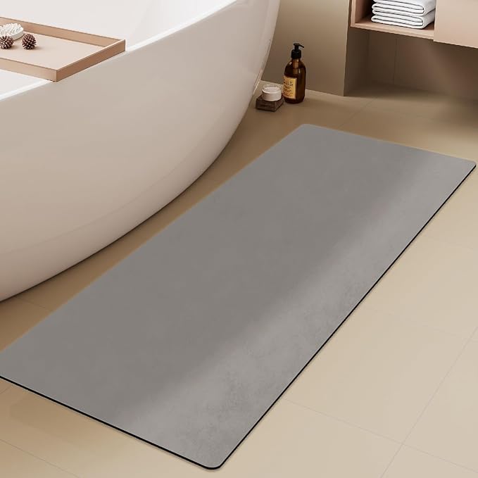 Bathroom Mat Quick Dry, Bathroom Rugs Non Slip Washable Thin Absorbent Bath Mat Fits Under Door Bathroom Floor Mat Perfect for Bath, Shower, or Sink 24"x70" Light Grey