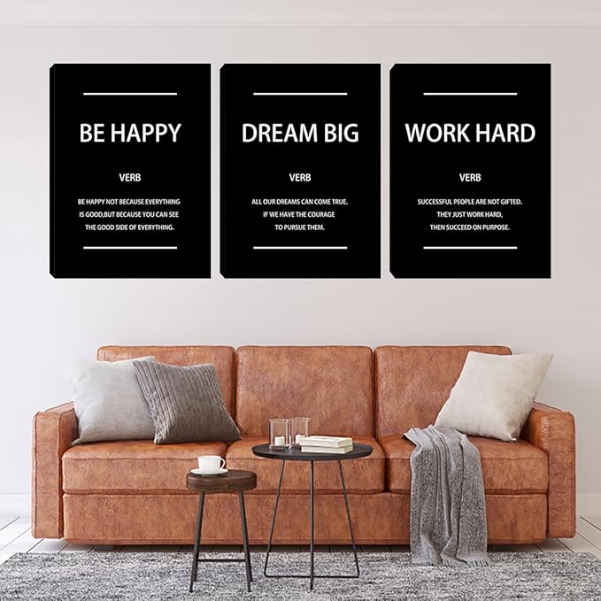 Unbruvo Motivational Office Wall Art, 3 Pieces Inspirational Canvas Wall Art, Dream Big Be Happy Work Hard Prints Poster Wall Decor for Living Room BedRoom Dorm(60" Wx28 H)